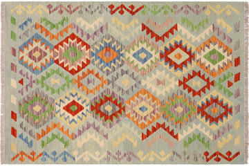 Flat Weave Kilim, Antique, Navaho, Vintage, Handmade, Geometric Kilim Blue Rust Hand-Woven Rectangle 100% Wool Area Rug 4 x 5